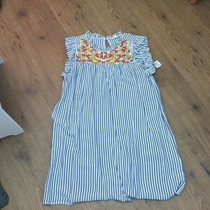 striped blue and white dress with colorful flowers